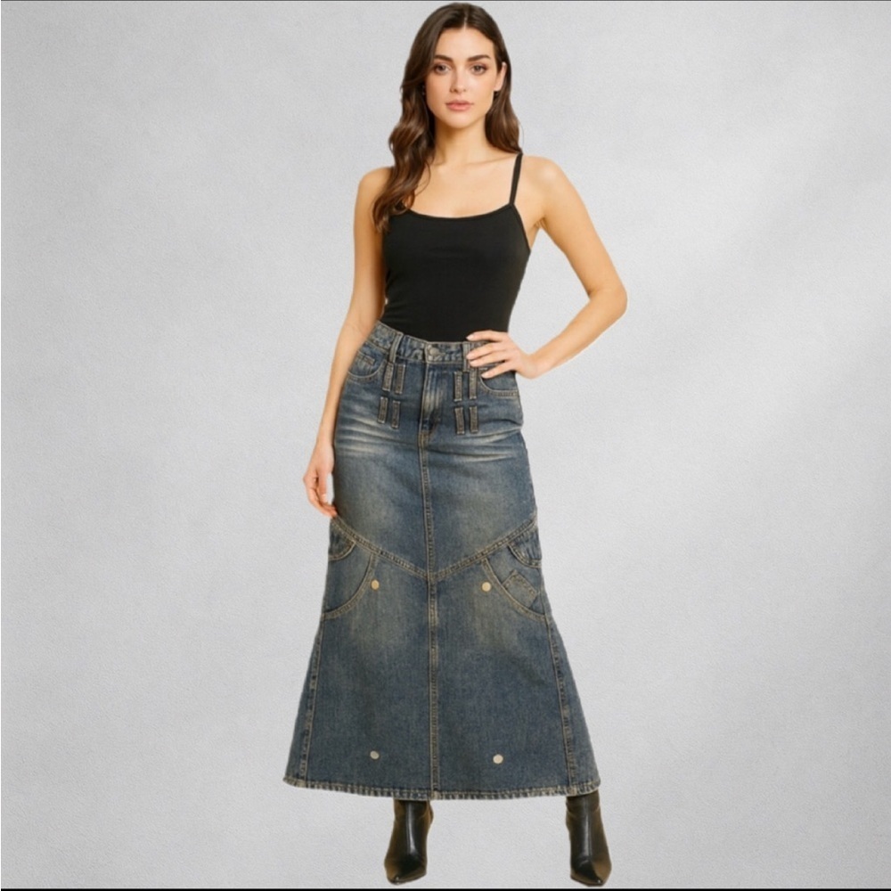 Denim Maxi Cargo Skirt Women’s 24 L Distressed Pockets Flare Streetwear New